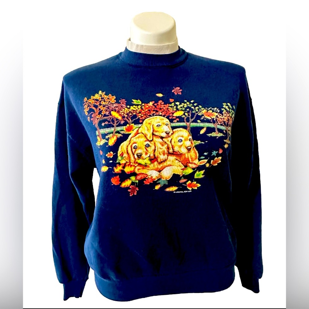 Vintage 90’s Fall Navy L crewneck sweatshirt with collar dog leaves print